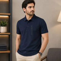Men's Navy Textured Zip Chest Pocket Polo Shirt