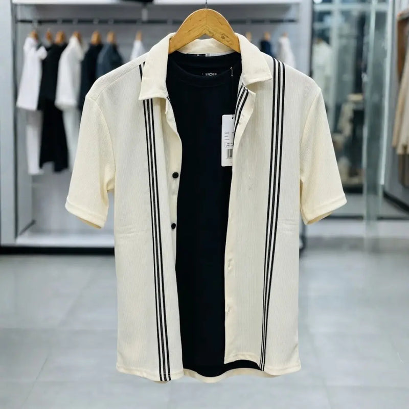 Men's Ivory Vertical Stripe Textured Short Sleeve Button-Up Shirt with Black Inner Tee