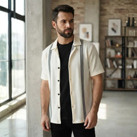 Men's Ivory Vertical Stripe Textured Short Sleeve Button-Up Shirt with Black Inner Tee