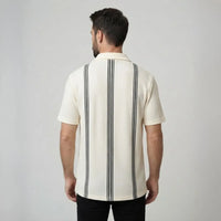 Men's Ivory Vertical Stripe Textured Short Sleeve Button-Up Shirt with Black Inner Tee