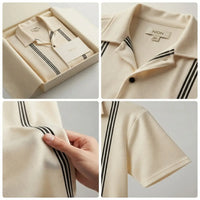 Men's Ivory Vertical Stripe Textured Short Sleeve Button-Up Shirt with Black Inner Tee