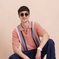 Men Striped Open Knit Relaxed Fit T-Shirt