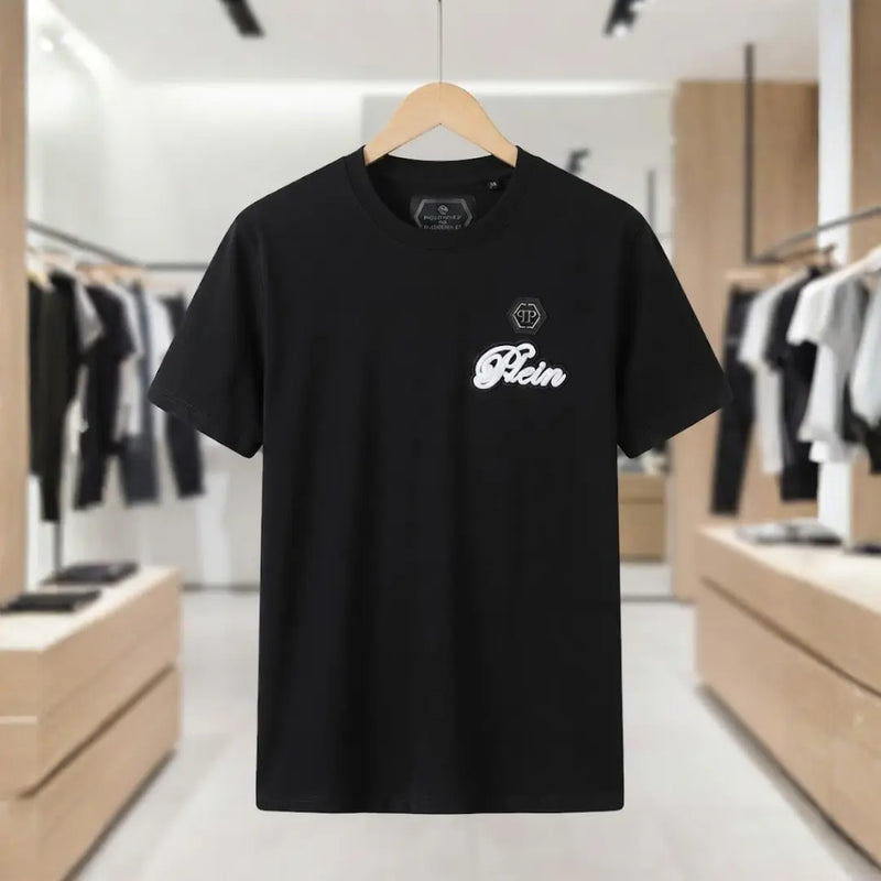 Men's Black Script Logo Embroidered Crew Neck T-Shirt
