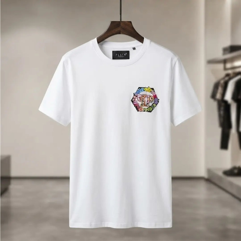 Men's White Floral Crest Graphic Crew Neck T-Shirt