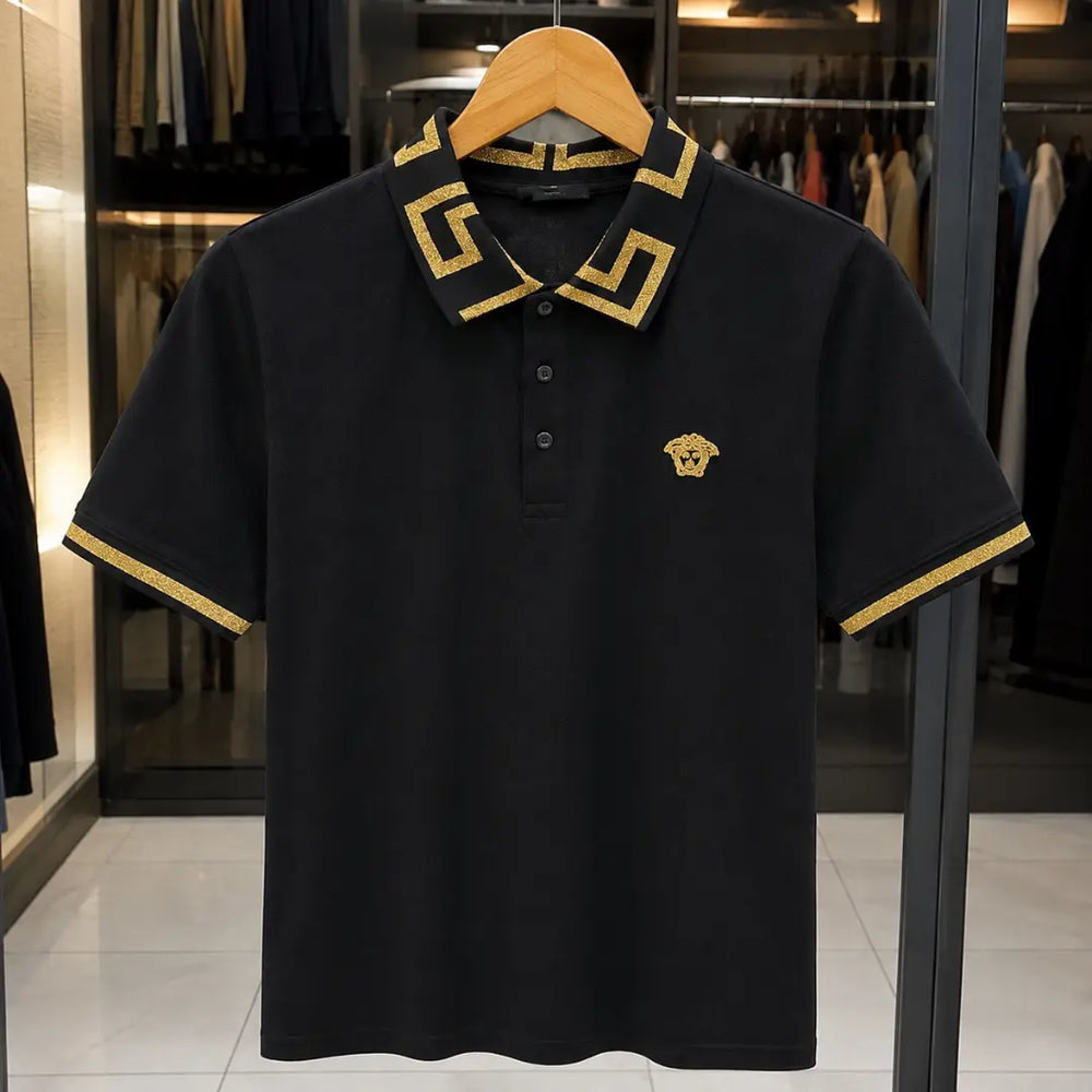 Men's Black Greek Key Trim Polo Shirt with Gold Crest Embroidery