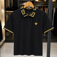 Men's Black Greek Key Trim Polo Shirt with Gold Crest Embroidery