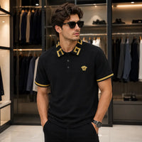 Men's Black Greek Key Trim Polo Shirt with Gold Crest Embroidery