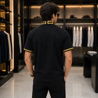 Men's Black Greek Key Trim Polo Shirt with Gold Crest Embroidery