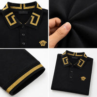 Men's Black Greek Key Trim Polo Shirt with Gold Crest Embroidery