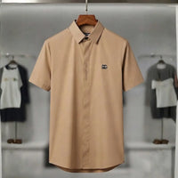 Men's Beige Embroidered Logo Button-Down Shirt