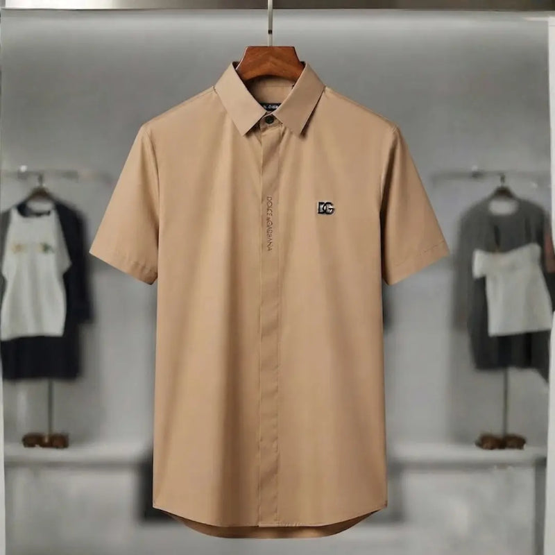 Men's Beige Embroidered Logo Button-Down Shirt