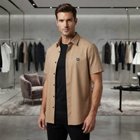 Men's Beige Embroidered Logo Button-Down Shirt