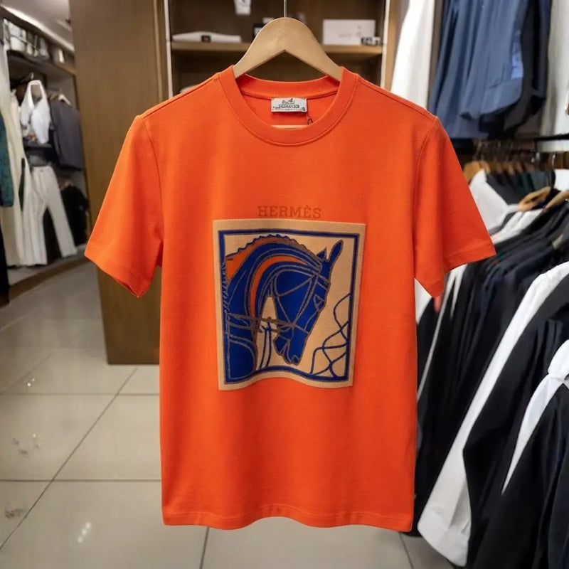Men's Orange Embroidered Horse Logo Crew Neck T-Shirt