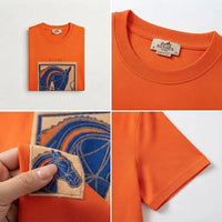 Men's Orange Embroidered Horse Logo Crew Neck T-Shirt