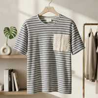 Men's Striped Knit T-Shirt with Crochet Chest Pocket