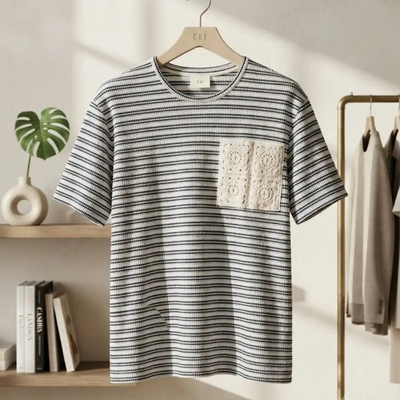 Men's Striped Knit T-Shirt with Crochet Chest Pocket