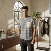 Men's Striped Knit T-Shirt with Crochet Chest Pocket