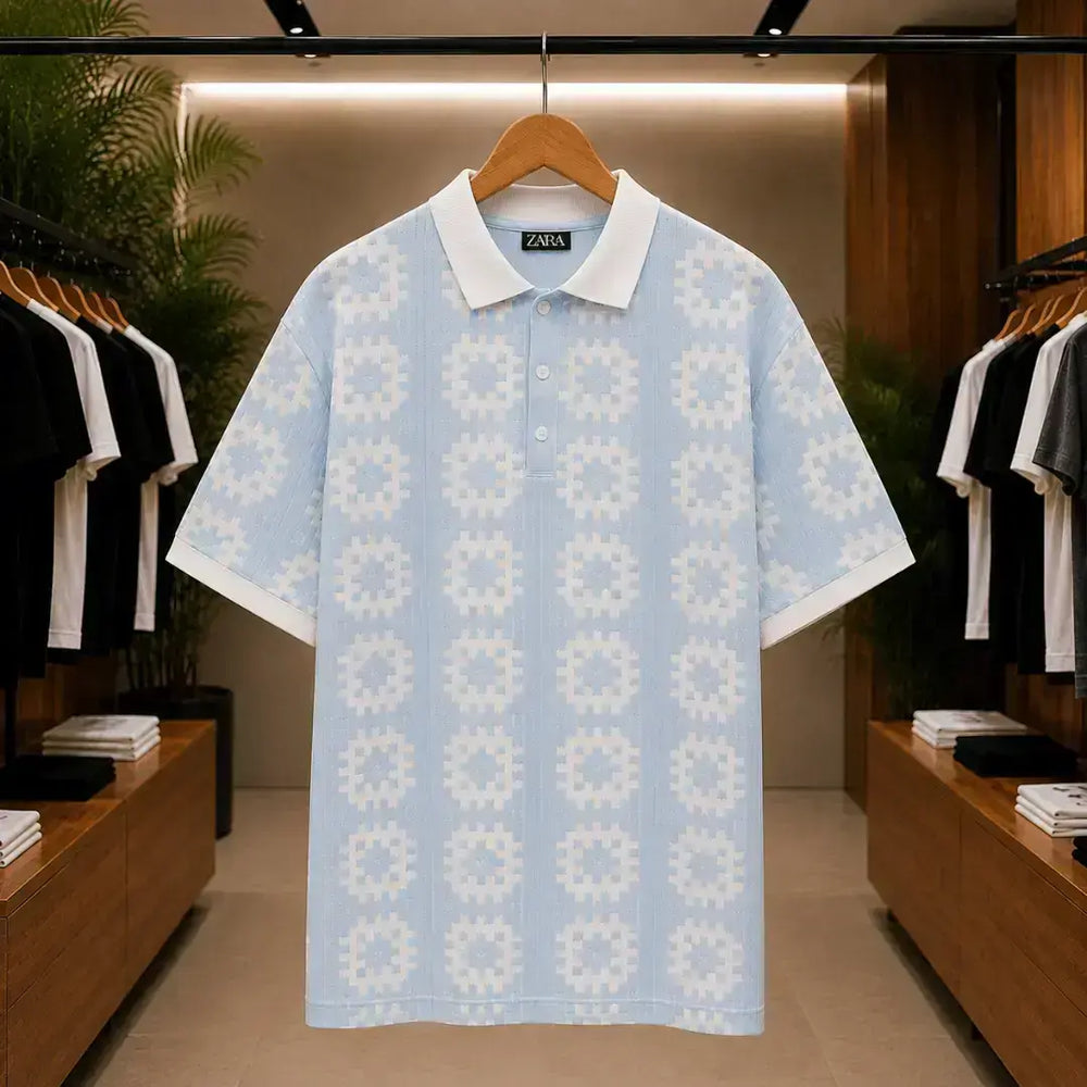 Men's Ice Blue Geometric Pattern Resort Shirt