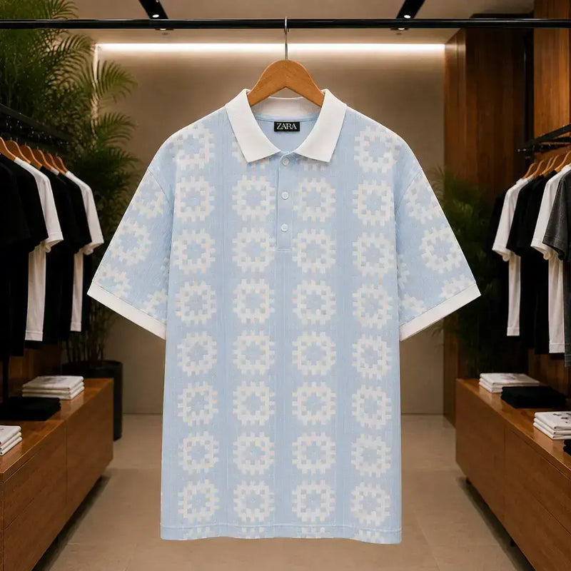 Men's Ice Blue Geometric Pattern Resort Shirt