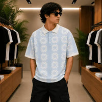 Men's Ice Blue Geometric Pattern Resort Shirt