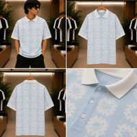 Men's Ice Blue Geometric Pattern Resort Shirt