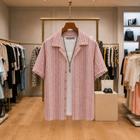 White & Red Geometric Striped Open-Collar Short-Sleeve Shirt view 1