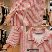 White & Red Geometric Striped Open-Collar Short-Sleeve Shirt view 4