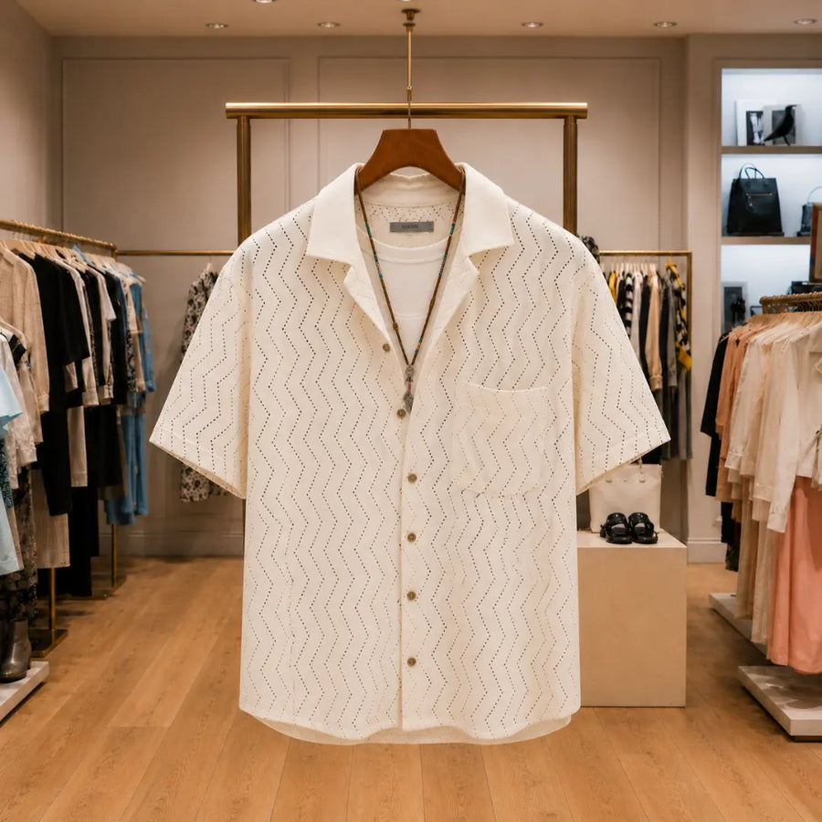 Ivory White Chevron Pattern Short-Sleeve Open-Collar Shirt