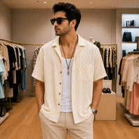 Ivory White Chevron Pattern Short-Sleeve Open-Collar Shirt view 2