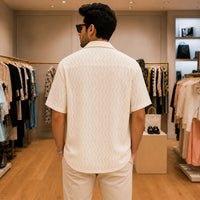 Ivory White Chevron Pattern Short-Sleeve Open-Collar Shirt view 3