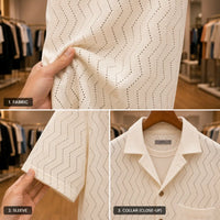 Ivory White Chevron Pattern Short-Sleeve Open-Collar Shirt view 4