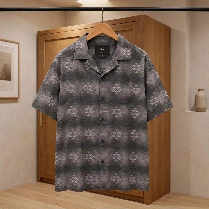 Men's Charcoal Grey Geometric Resort Shirt