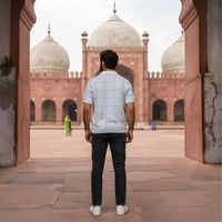 Men's Ice Blue Geometric Pattern Resort Shirt view 3