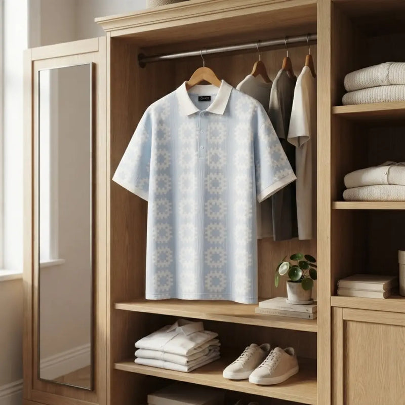Men's Ice Blue Geometric Pattern Resort Shirt