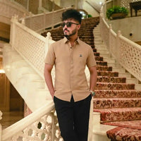 Men's Beige Embroidered Logo Button-Down Shirt view 2