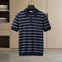 Men's Brown Striped Knit Polo Shirt with Half-Zip (Hong Kong Fabric) view 2