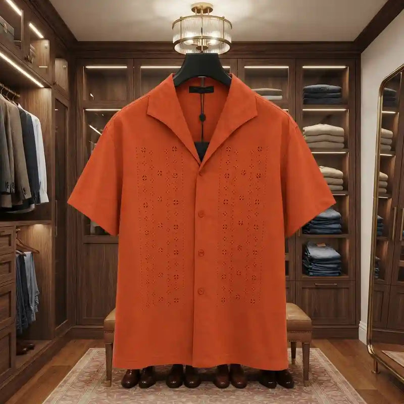 Men's Premium Orange Embroidered Cuban Collar Shirt