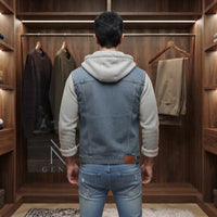 Blue Denim Jacket with Grey Hood and Sleeves view 4