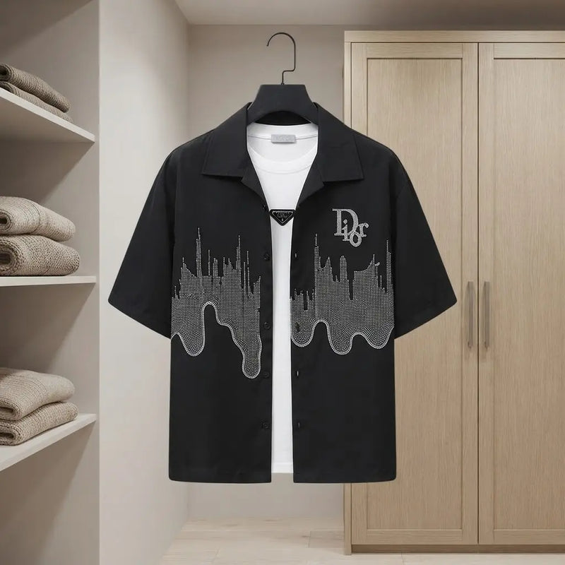 Men's Rhinestone City Skyline Print Open Collar Mesh Shirt