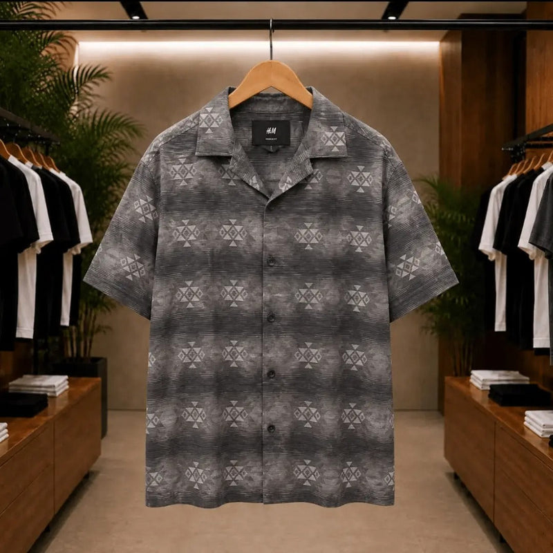 Men's Charcoal Grey Geometric Resort Shirt