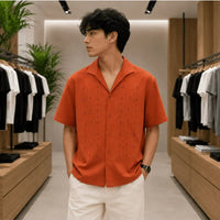 Men's Premium Orange Embroidered Cuban Collar Shirt