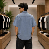 Men's Graphic Print Short-Sleeve Denim Shirt