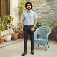 Men's Sky Blue Textured Half-Zip Polo Shirt view 2