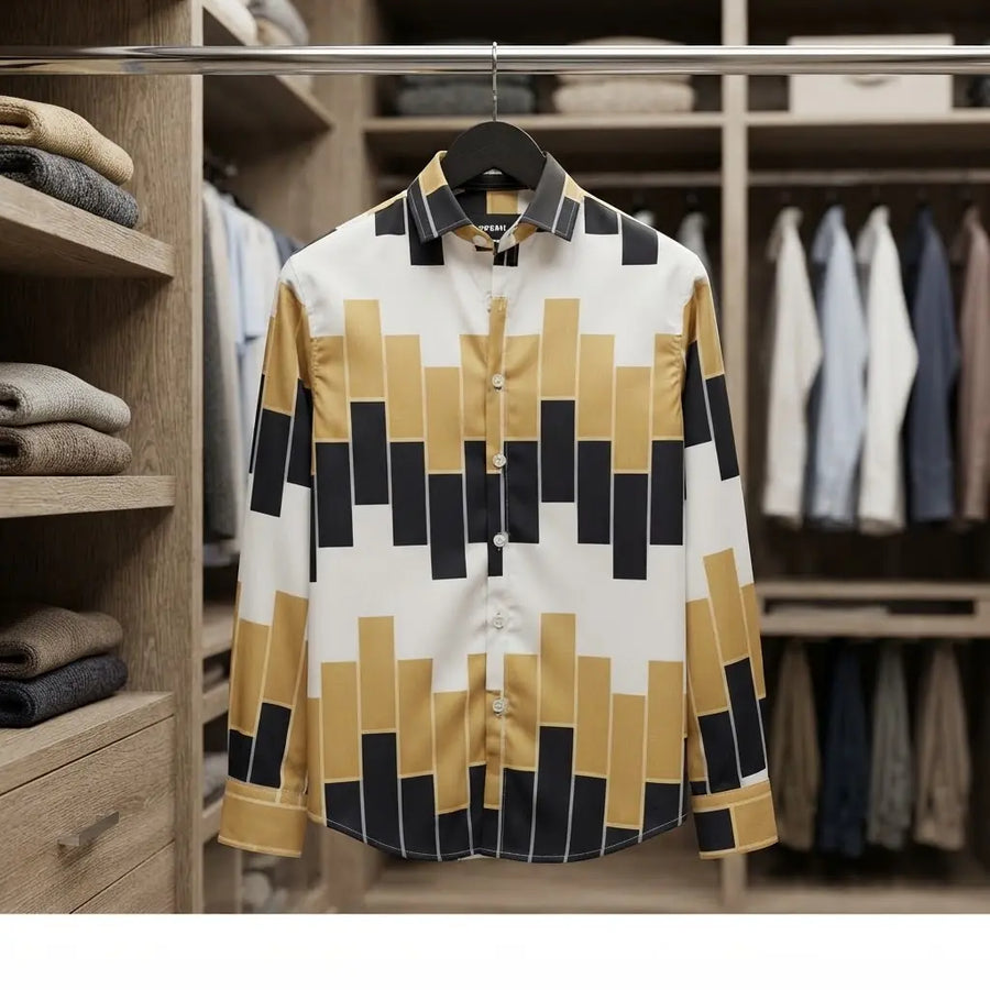 Men's Casual Striped-Panel Cotton-Linen Blend Shirt