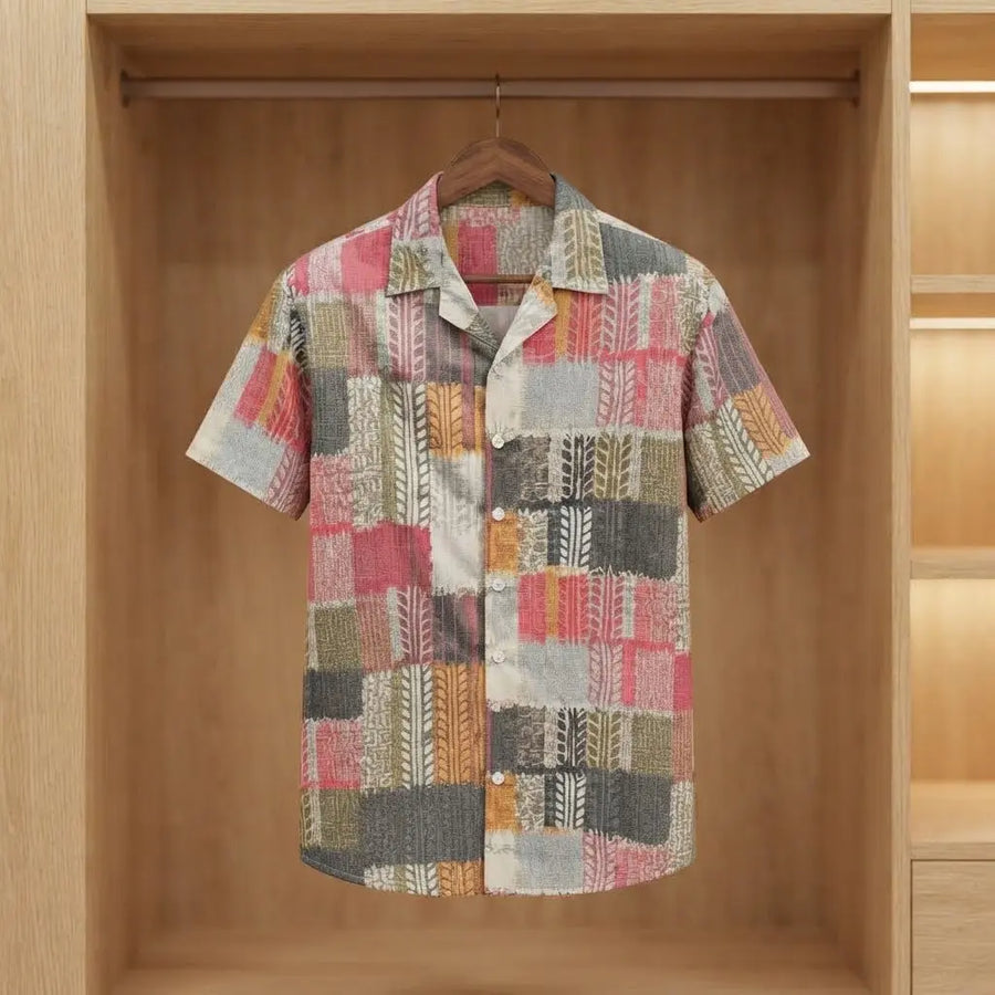 Patchwork Knit Short-Sleeve Cuban Collar Shirt