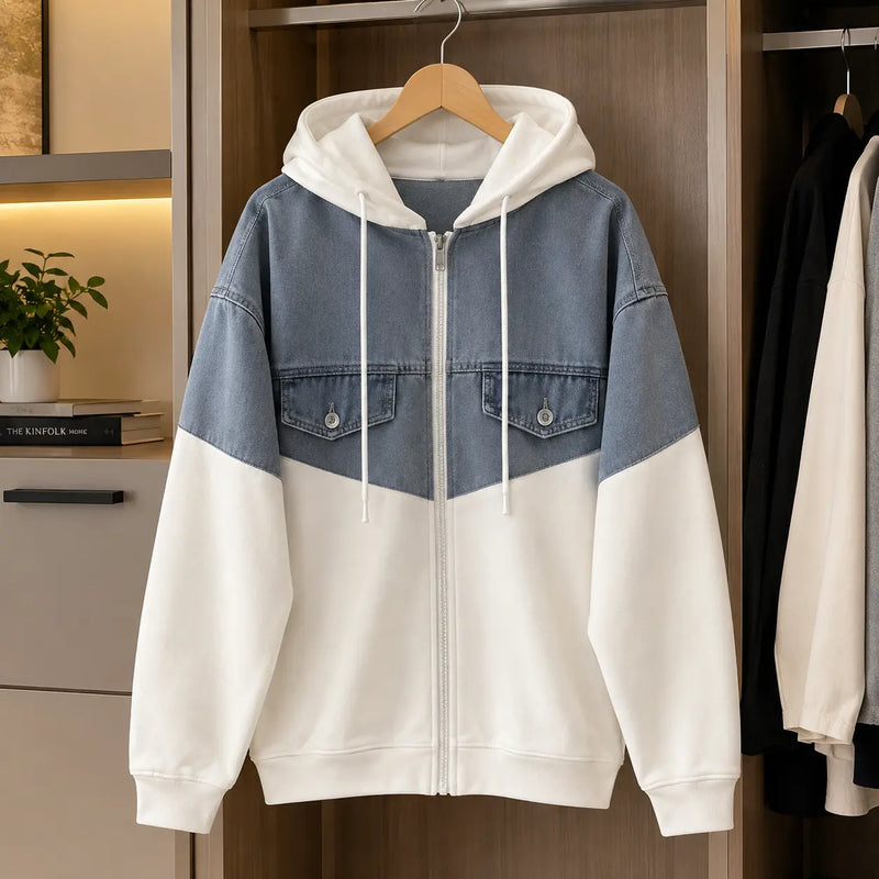 Men’s Blue & Cream Color-Block Full-Zip Hoodie