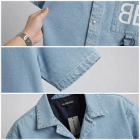 Balenciaga Denim Short-Sleeve Shirt with Pocket Logo view 4