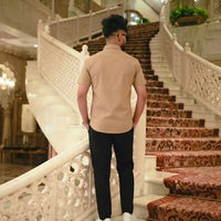 Men's Beige Embroidered Logo Button-Down Shirt view 3
