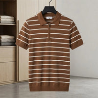 Men's Brown Striped Knit Polo Shirt with Half-Zip (Hong Kong Fabric) view 1