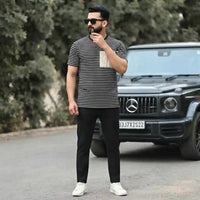 Men's Striped Knit T-Shirt with Crochet Chest Pocket view 2